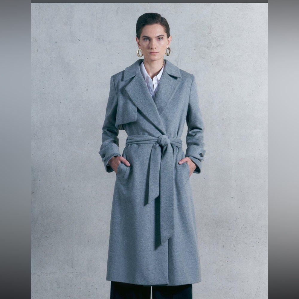 Karen Millen Italian Luxurious Textured Wool Belted Trench Coat grey